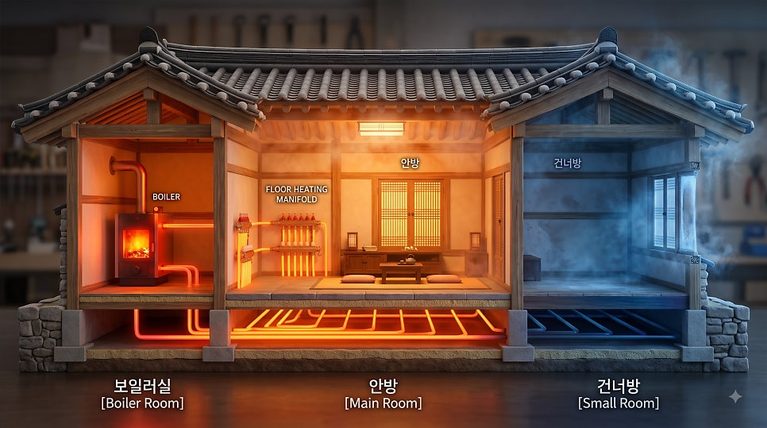 보일러의 분배기와 멀어 질수록 추워진다